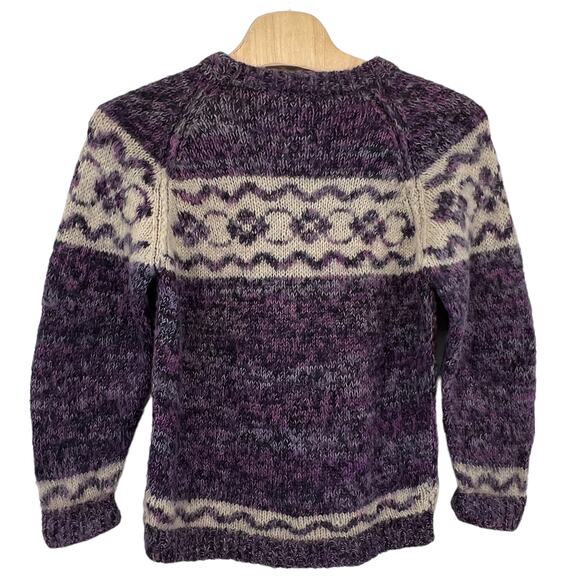 Vintage Fair Isle Nordic Wool Blend Purple Cream Knitted Crew Neck Sweater Lg - Picture 2 of 4